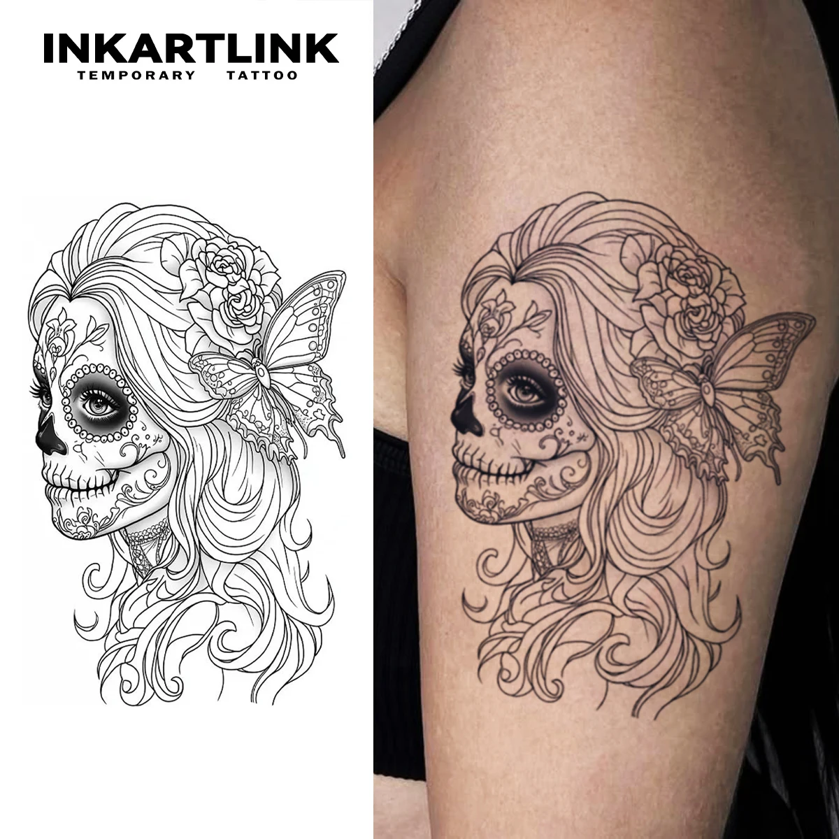 

INKARTLINK Flower Butterfly Pattern Skull Head Female Tattoo Stickers Waterproof Temporary Tattoo Color Holding for 1-2 Weeks