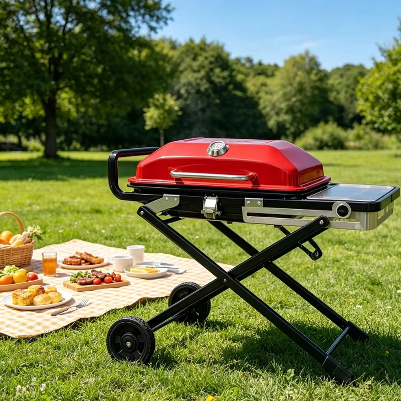 

Wheeled portable outdoor camping windproof large capacity folding mobile barbecue grill barbecue grill