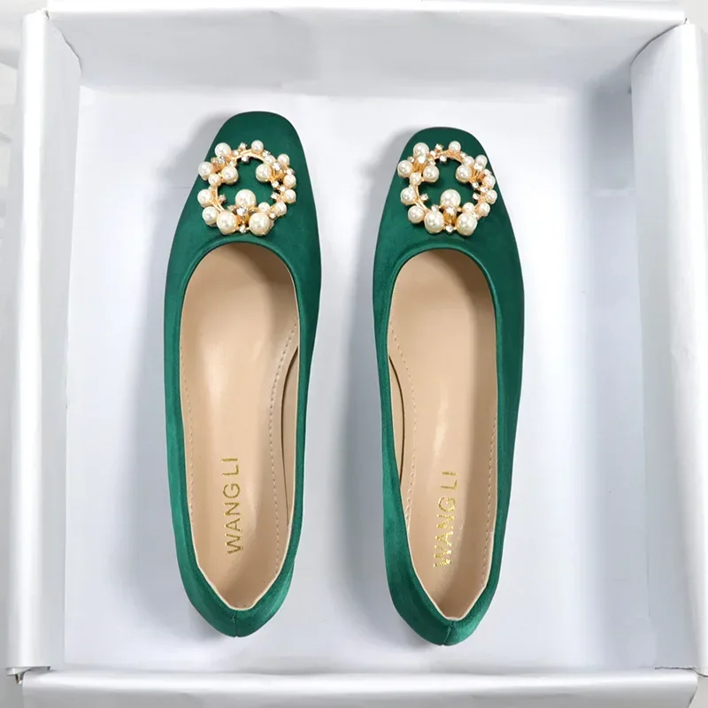 Pearl Circle Buckle Flat Shoes Woman Square Toe Green Silk Slip on Loafers 41-42 Big Size Flats Female Pearl Beading Mocasines