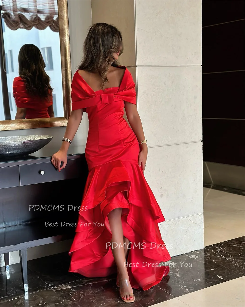 

Exquisite Red Off Shoulder Saitn Evening Party Dresses Pleat Sexy High Low Vestidos Robes De Soirée Formal Prom Dress For Women