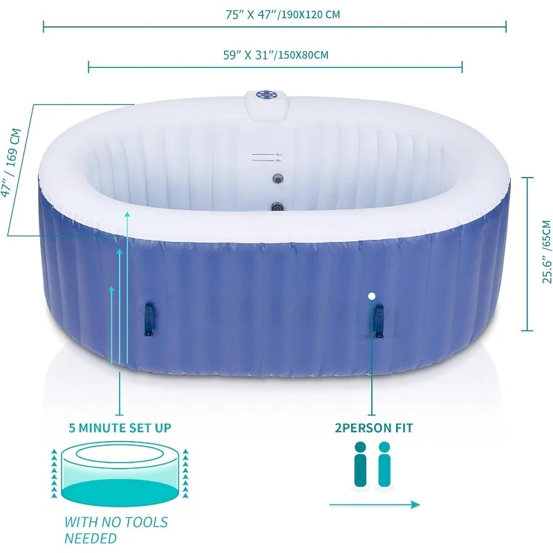 Ovale opblaasbare draagbare hot tub 75x47 inch, 2-persoons buitenluchtjet spa opblaasbare hot tubs met 100 bubble jets en gebouwd