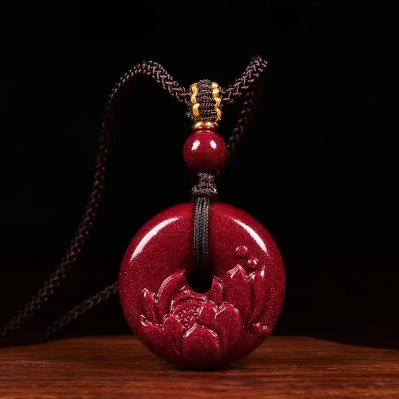 

Fashion Red Cinnabar Jade Lotus Safety Buckle Pendant Necklace Jewellery Chinese Hand-Carved Healing Fashion Women Luck Gift