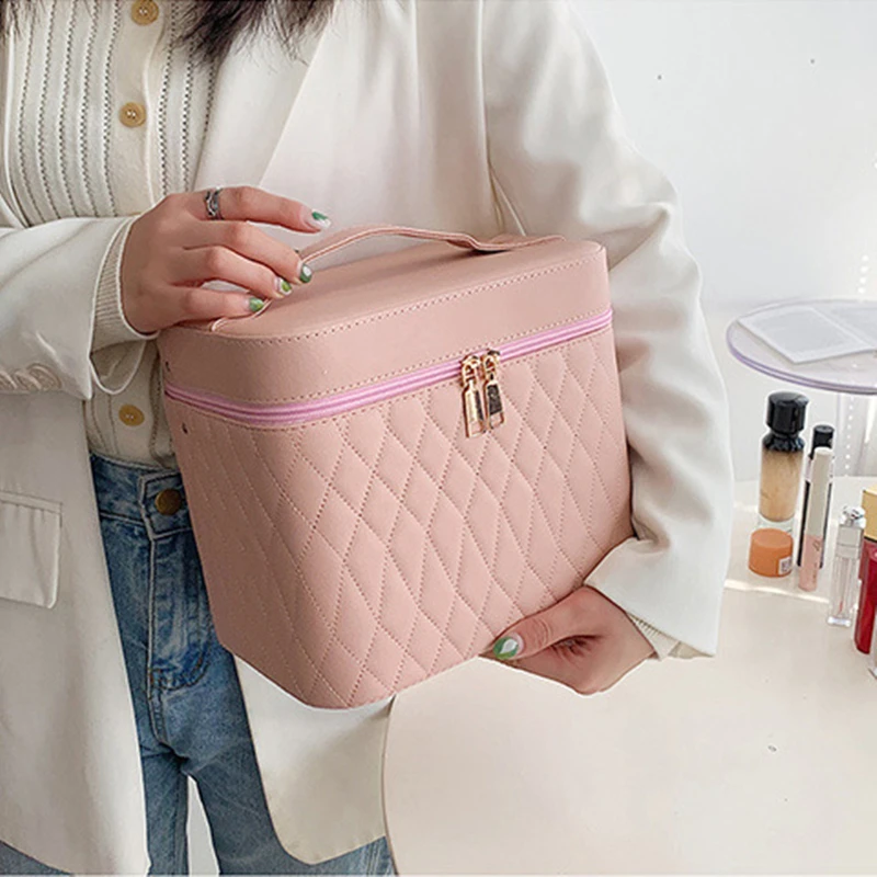 Large Capacity PU Leather Cosmetic Bag, Multifunctional Makeup Case, Portable Multi-Layer Travel Cosmetic Organizer Box