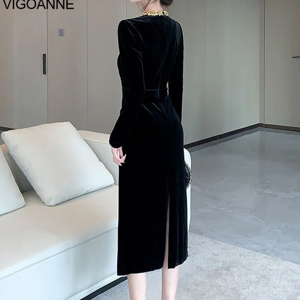 VigoAnne 2025 Spring Autumn Woman Solid Slim Velvet Dress Long Sleeve Korean Dresses Lady V Neck Evening Party Tight Long Dress