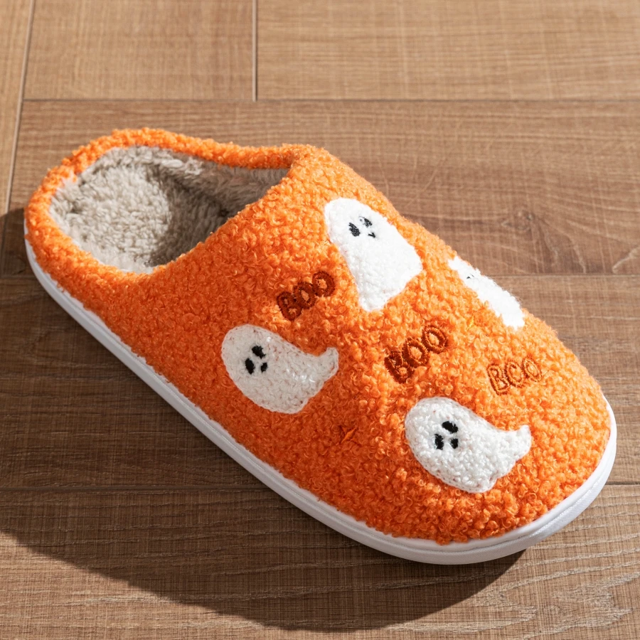 Halloween Kleiner Geist Flauschige Damen-Hausschuhe Winter Warm Weich Gemütlich Schlafzimmer Rutschfest Paar Mode Hausschuhe – Detail 6