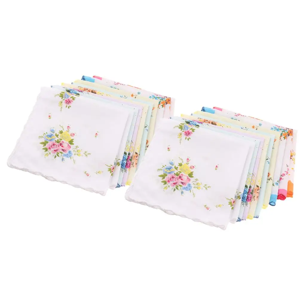 10pcs Hanky Gift Set Women Cotton Floral Print Pocket Handkerchief for Family Wedding Party