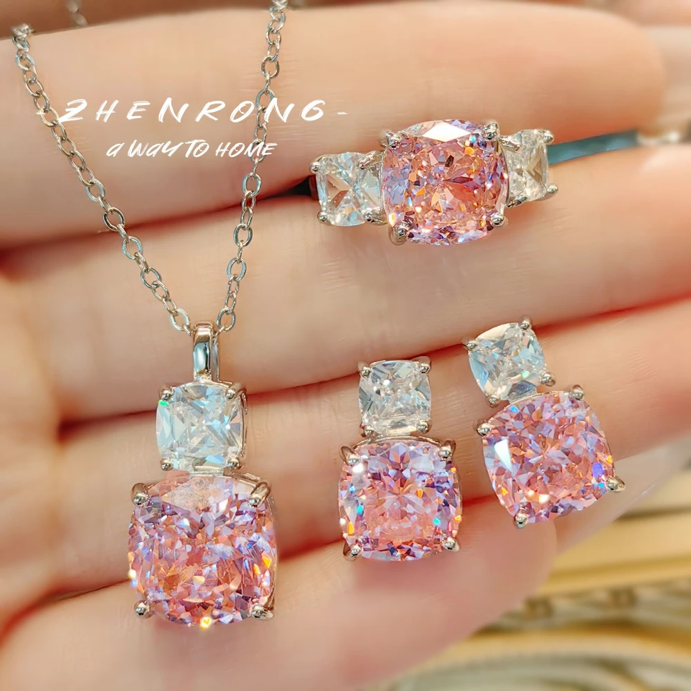 Luxury Shiny Pink Lab Crushed Ice Moissanite Wedding Jewelry Sets for Women 18K White Gold Plated Bridal Ring Earring Necklace