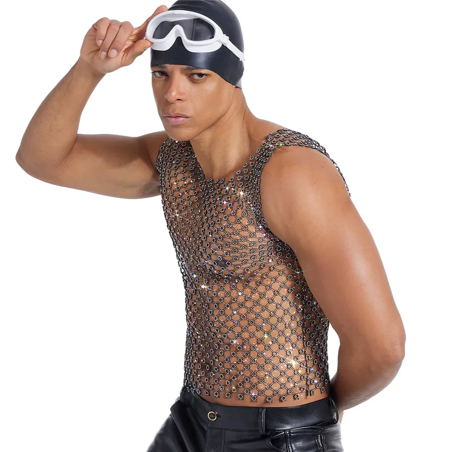 2026 الرجال الصيف الجوف خارج شبكة تانك القمم حجر الراين أكمام تي شيرت مثير الاتجاه سليم سترة تنفس الرجال العضلات تيز