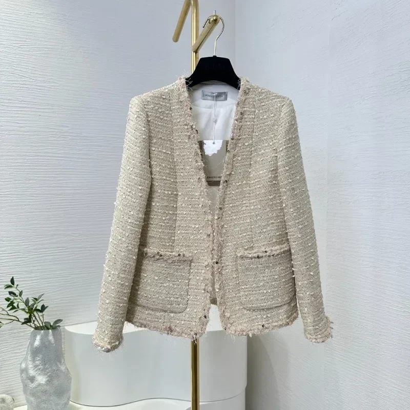 

2024 New Women 2024 Exquisite Design Pastoral Beige Tweed Sequined Long Sleeve Jacket High Quality