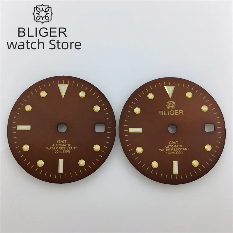 BLIGER 29mm GMT dial Brown dial Gold index suitable for NH34 DG3804 movement