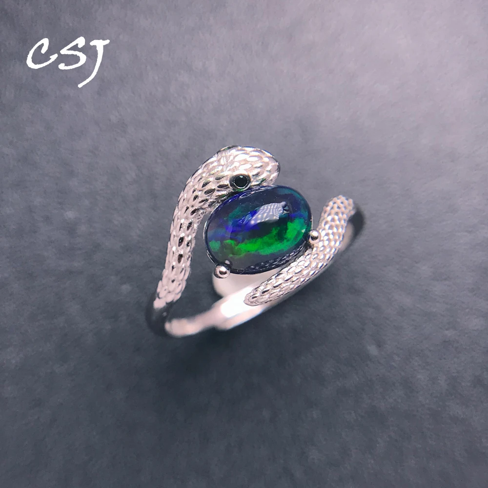 

CSJ Vintage Snake Natural Black Opal Rings Sterling 925 Silver Gemstone 6*8mm for Women Birthday Party Jewelry Gift