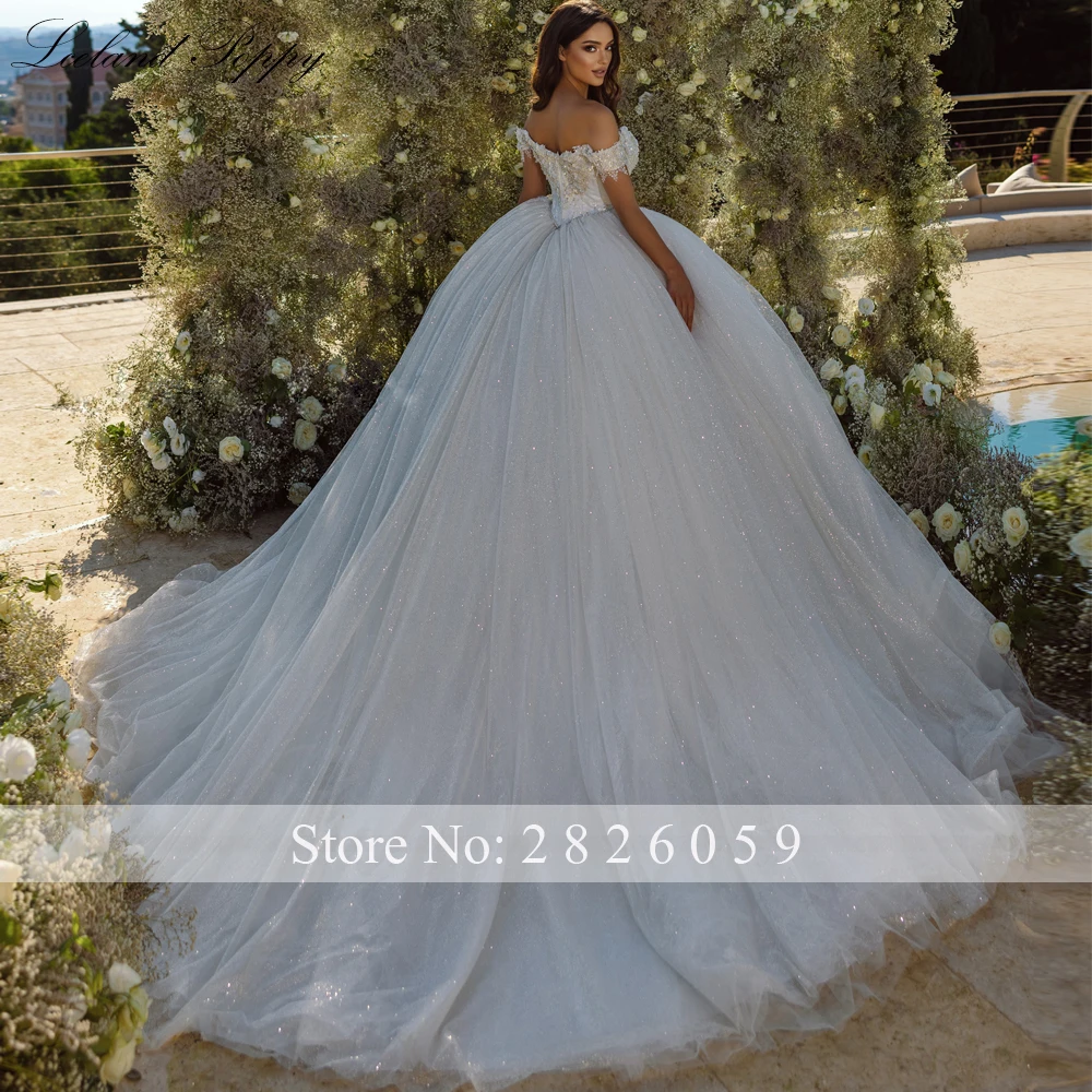 Lceland Poppy Ball Gown Boat Neck Wedding Dresses 2023 Floor Length Beaded Glitter Tulle Bridal Gowns with Chapel Train