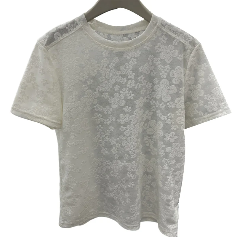 

Lightweight Lace ort Sve T-irt Women's Summer New Sle Korean Version Slim Fit round Ne Design Sensation Embroidery...