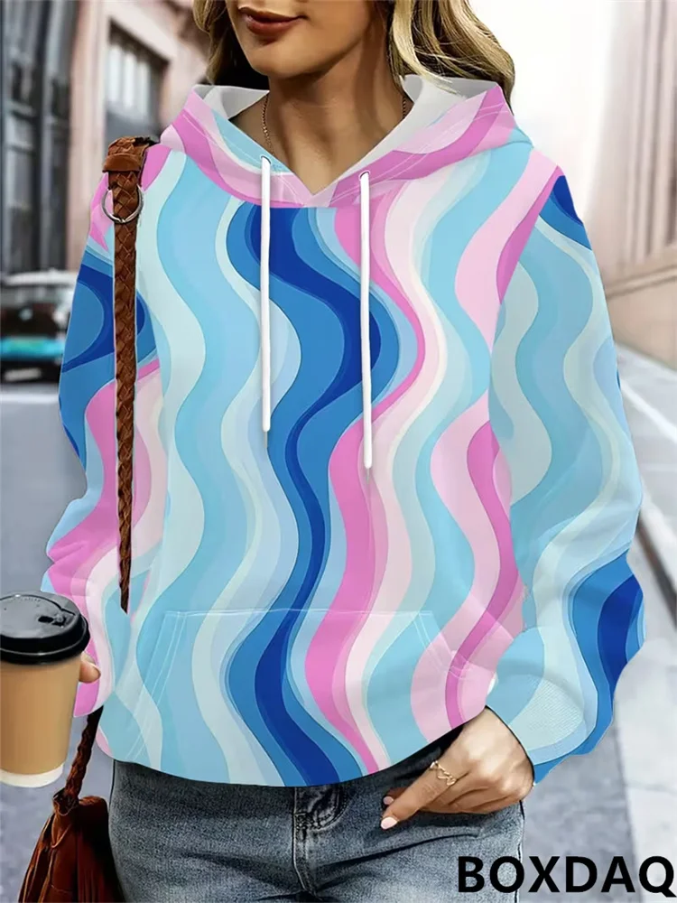 2026 New Women's Drawstring Hoodie Casual Abstract Striped Printed Sweatshirt Long Sleeved Loose Autumn Women's Clothing Autumn