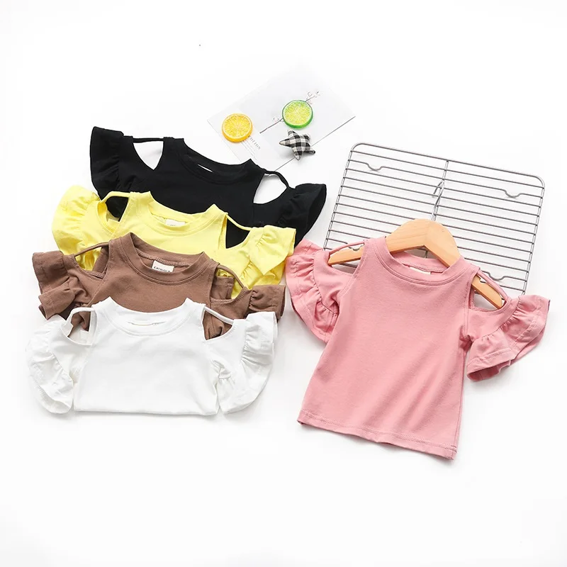 Fashion Baby Girl Cotton Short Flare Sleeve Tshirt Off Shoulder Infant Toddler Child Top Tee Solid Summer Baby Clothes 1-5YY