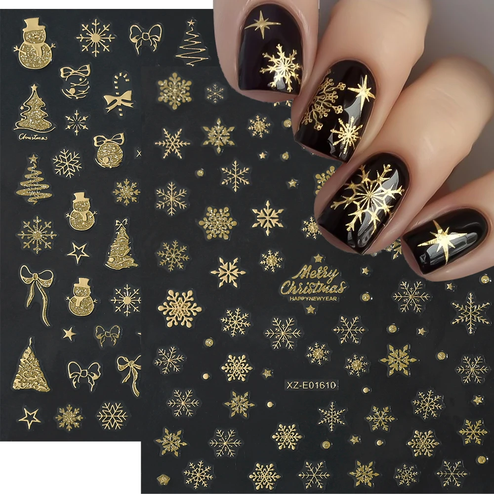 2pcs Luxury Gold Christmas 3D Nail Sticker Glitter Snowflakes Xmas Tree Gingerbread Nail Decals Adhesive Winter Xmas Nail Slider