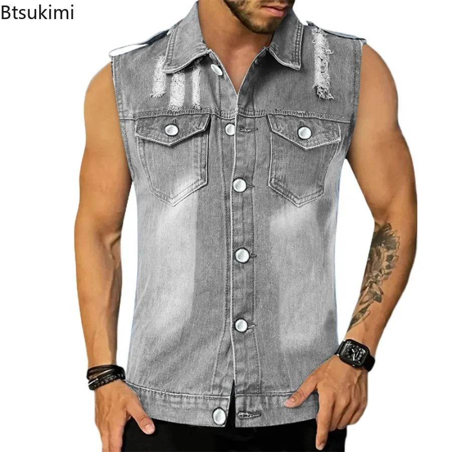 Fashion New Men's Denim Vest Sleeveless Lapel T-shirt Summer Casual Thin Style Slim Fit Tops Men Hip Hop Muscle Cowboy Tank Tops