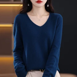 2024 New Wool Sweater Women's Fall/Winter 100% Merino Wool Fashion V-Neck Autumn Thermal Pullover Top