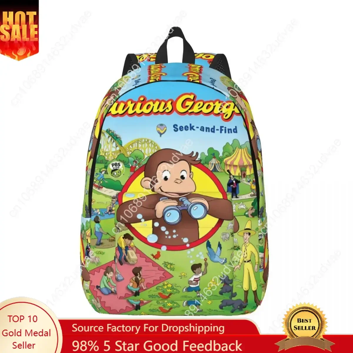 Curious George Monkey Cartoon Classical Backpack Outdoor Student Hiking Travel TV Series Daypack Men Women College Shoulder Bag