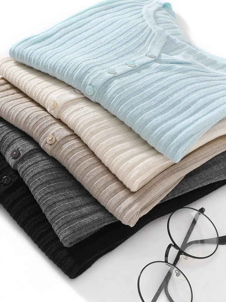 夏アイスヘンプニット半袖オープンカーディガンレディースTシャツトップハイウエストショートスタイルシンプル多用途スリムフィット小さめシャツ