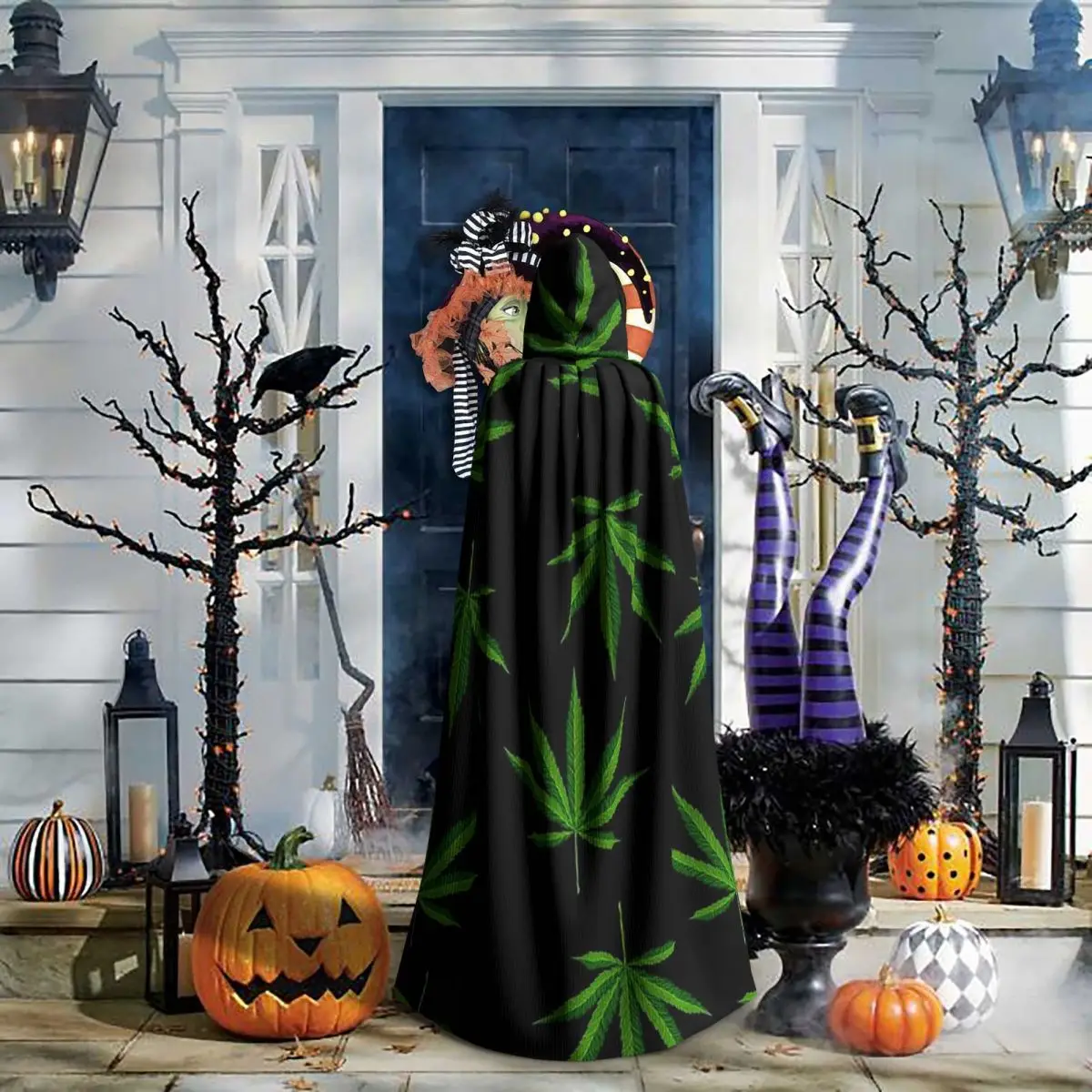 Capa Larga con Capucha de Hojas de Cannabis Sativa Verdes Frescas, Disfraz Medieval de Bruja, Capa de Cosplay, Abrigo de Halloween, Unisex para Adultos