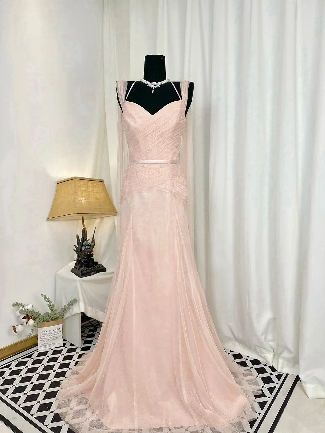 

Elegant Pink Evening Dress Tulle With Long Shawl Strapless Ribbon Mermaid Pleated Prom Evening Party Host Celebrity Gowns New