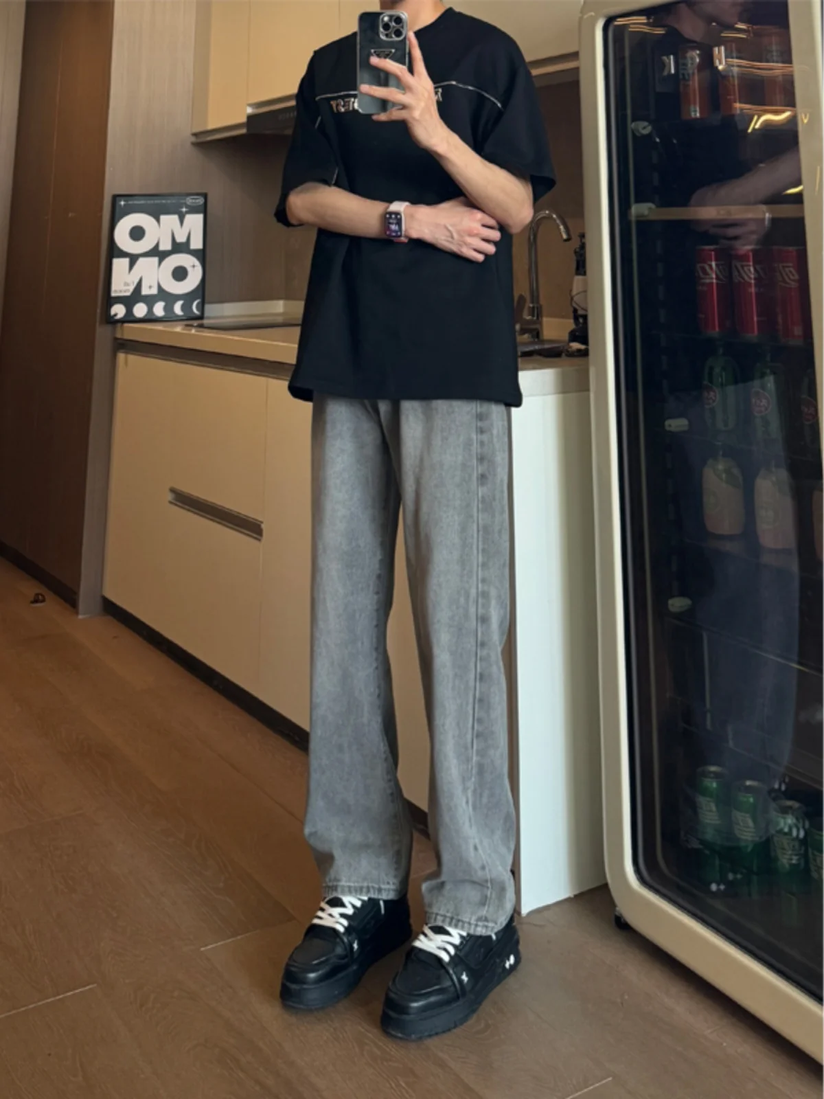 

ey Cement e Men's Summer High Street Slim Straight Jeans mid Waist Long Pants Wear Resistant Straight Tube Trousers