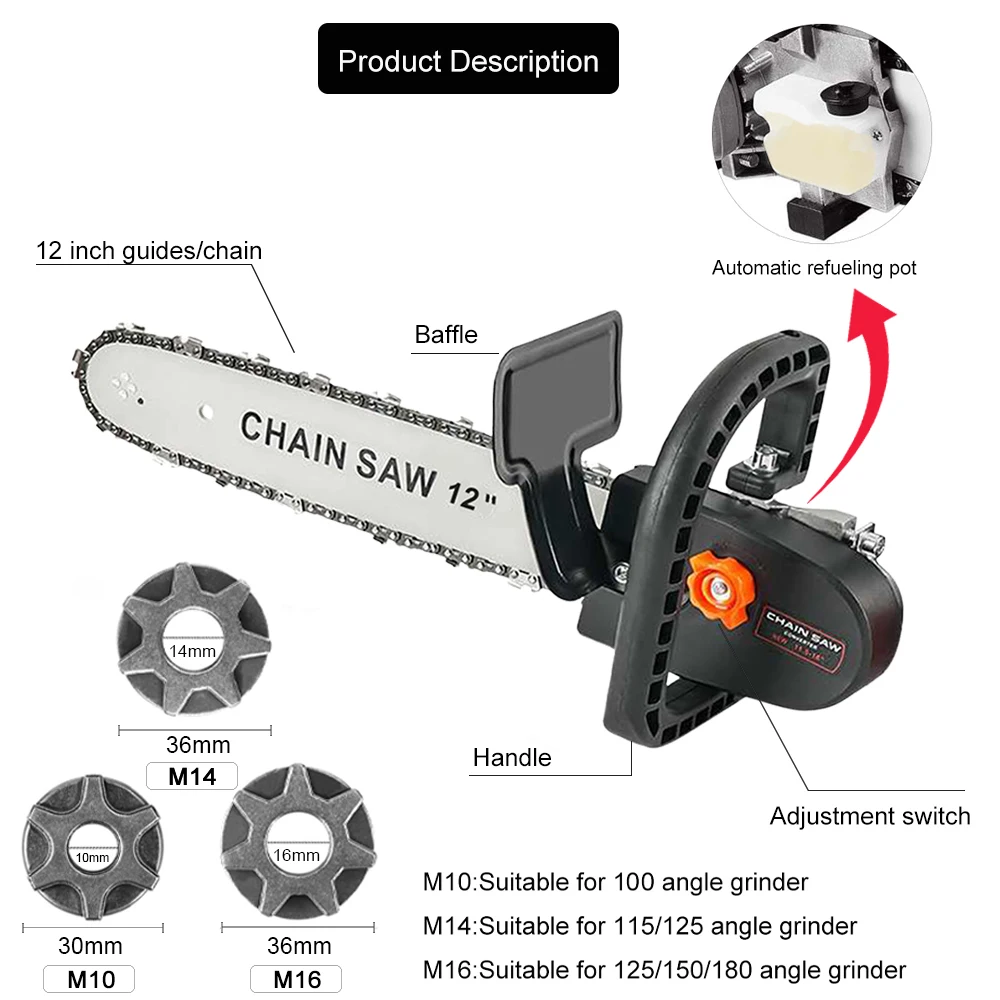 12-inch Electric Chain Saw Converter Bracket DIY Kit For 100/115/125/150/180mm Angle Grinder, M10-M14-M16 Home Woodworking Tools