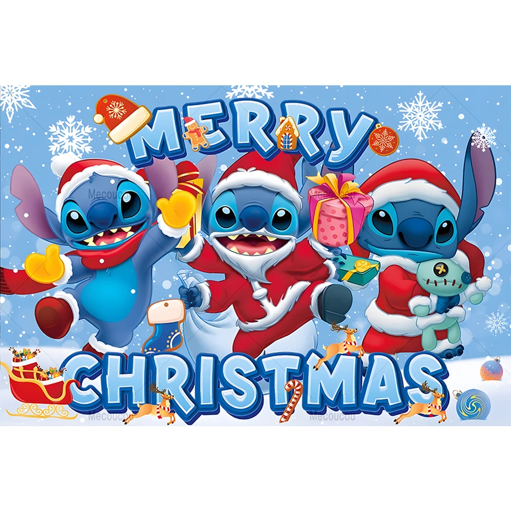 Disney Stitch Merry Christmas Photography Backdrop Customized Children's Birthday Gift Party Baby Shower Banner Decoration Props