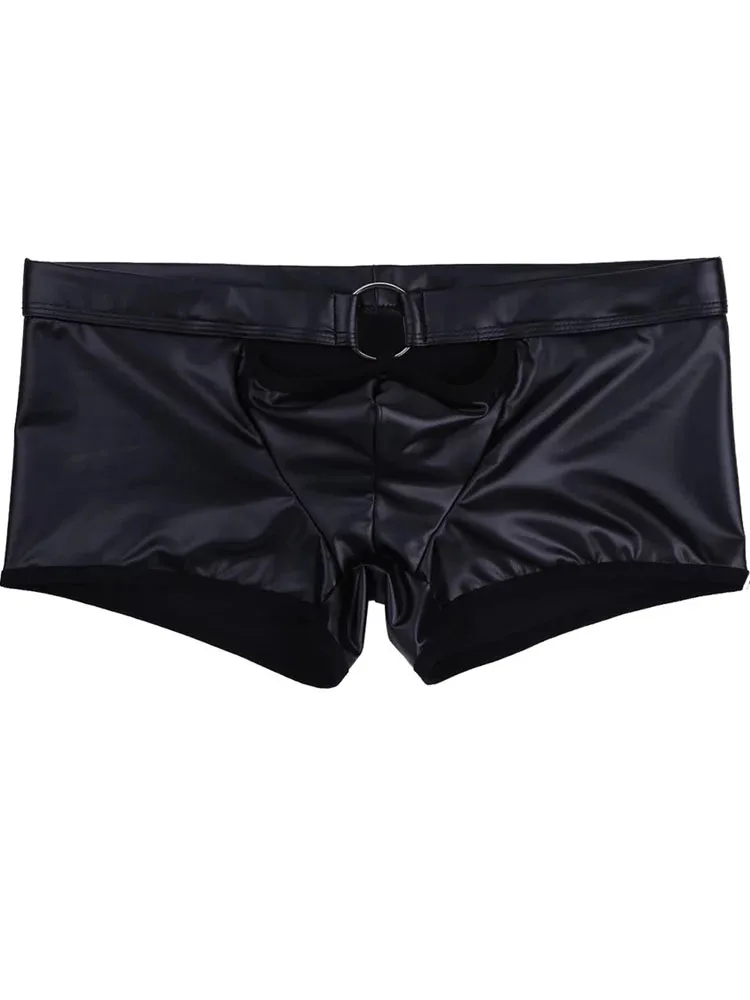 S-5XL Faux PU Leather Boxershorts Metal Ring Convex Pouch Mens Boxer Shots Hollow Out Trunks Tights Sexy Calzoncillo Underwear