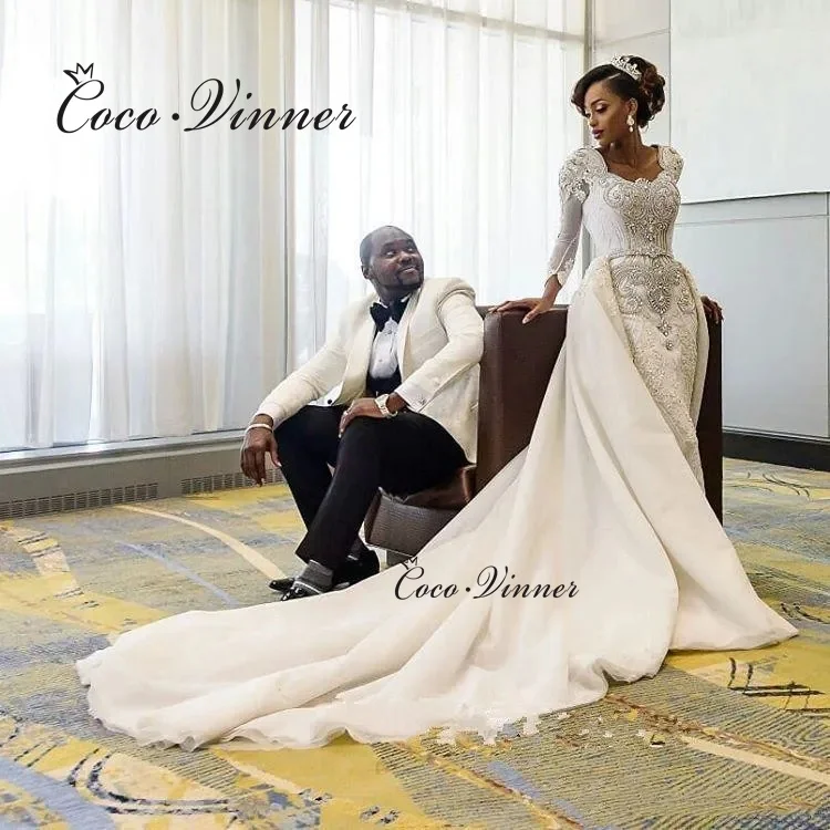 Vestido de novia africano 2 en 1 de lujo personalizado, vestido de novia de sirena con apliques bordados de encaje con cuentas, cola desmontable W1430