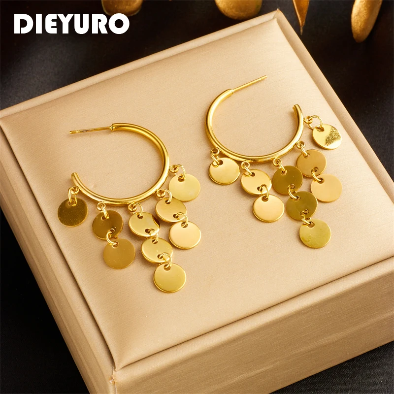 DIEYURO 316L Stainless Steel Small Round Piece Tassel Earrings For Women Girl Luxury Design Jewelry Holiday Gift Party Wedding