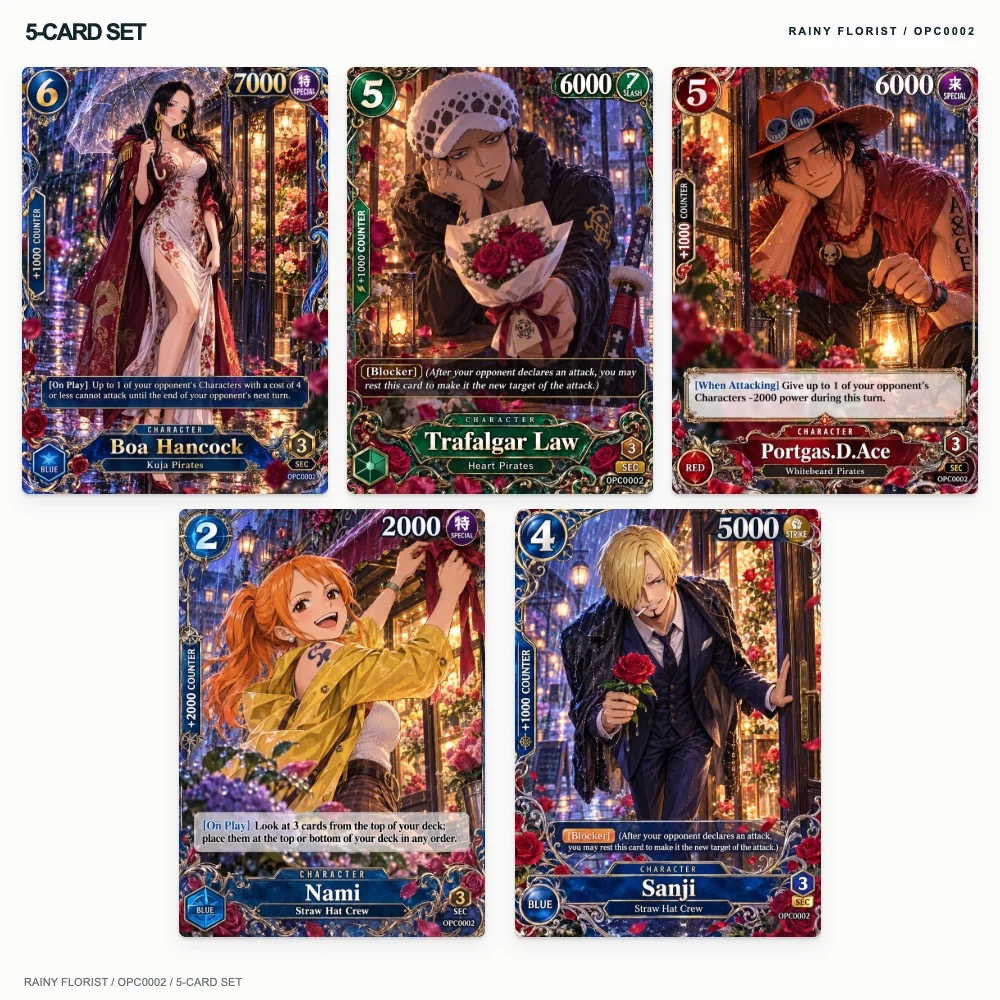 5pcs One Piece Holographic Trading Cards Rainy Florist Set Hancock Law Ace Nami Sanji English Anime Collectible Gift 63x88mm