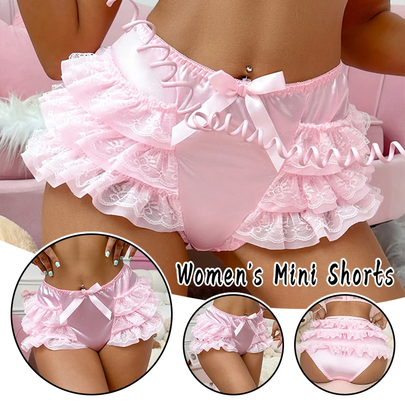 

1pc Women's Pink Lace Shorts with Elastic Panel and Bow Detail Multi-Layer Ruffled Women's Underwear