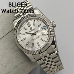 BLIGER 36mm/39mm Men Watches NH35 Automatic Movement Silver Case White Dial Blue AR Sapphire Glass Date Stainless Steel Strap