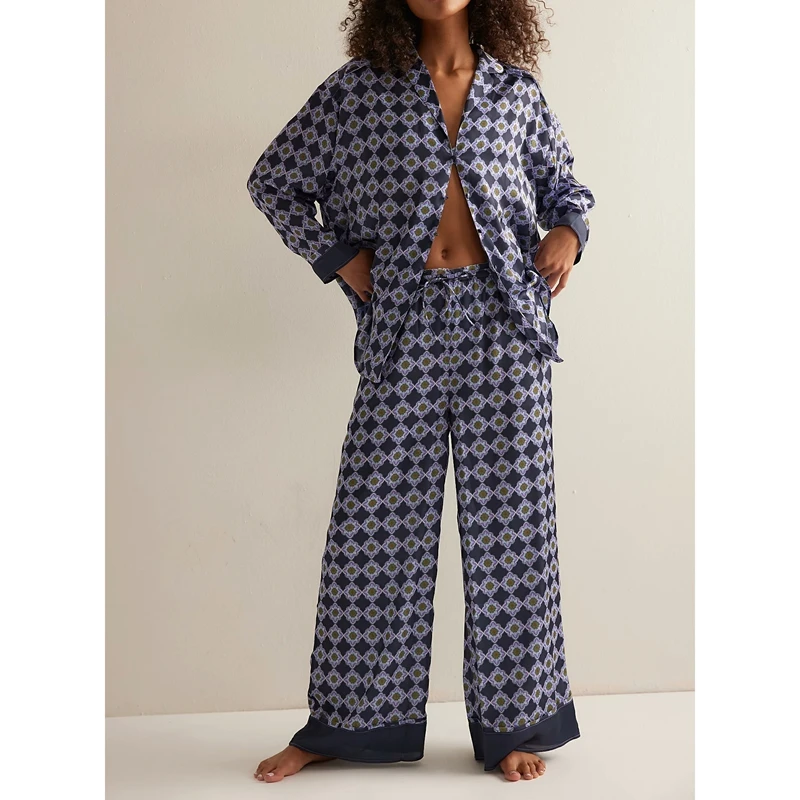 Women Satin Silk Pajamas Set Y2k Floral Print Pajamas 2Piece Sleep Loungewear Button Down Shirts + Wide Leg Pants Pjs