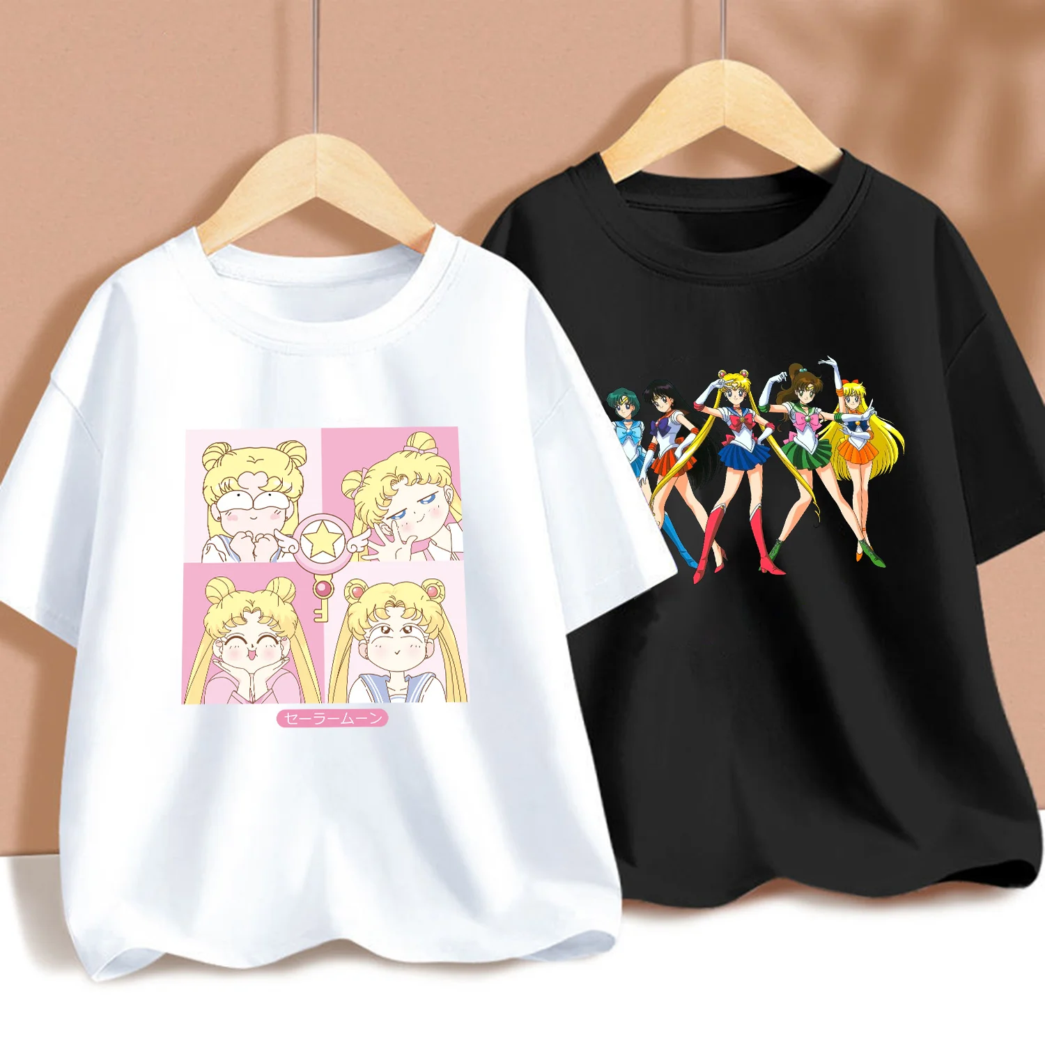 Sailor Moon Children T-shirt Cartoon Printed Short Sleeve Shirt Cute White Black Base Tee Tops Cotton Clothing Kid Birthday Gift