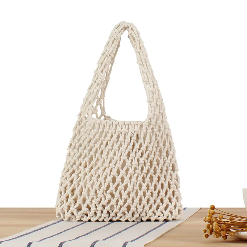 

Macaron cotton rope handmade hollow handbag, foreign trade source, South Korean ins bag, beach woven bag