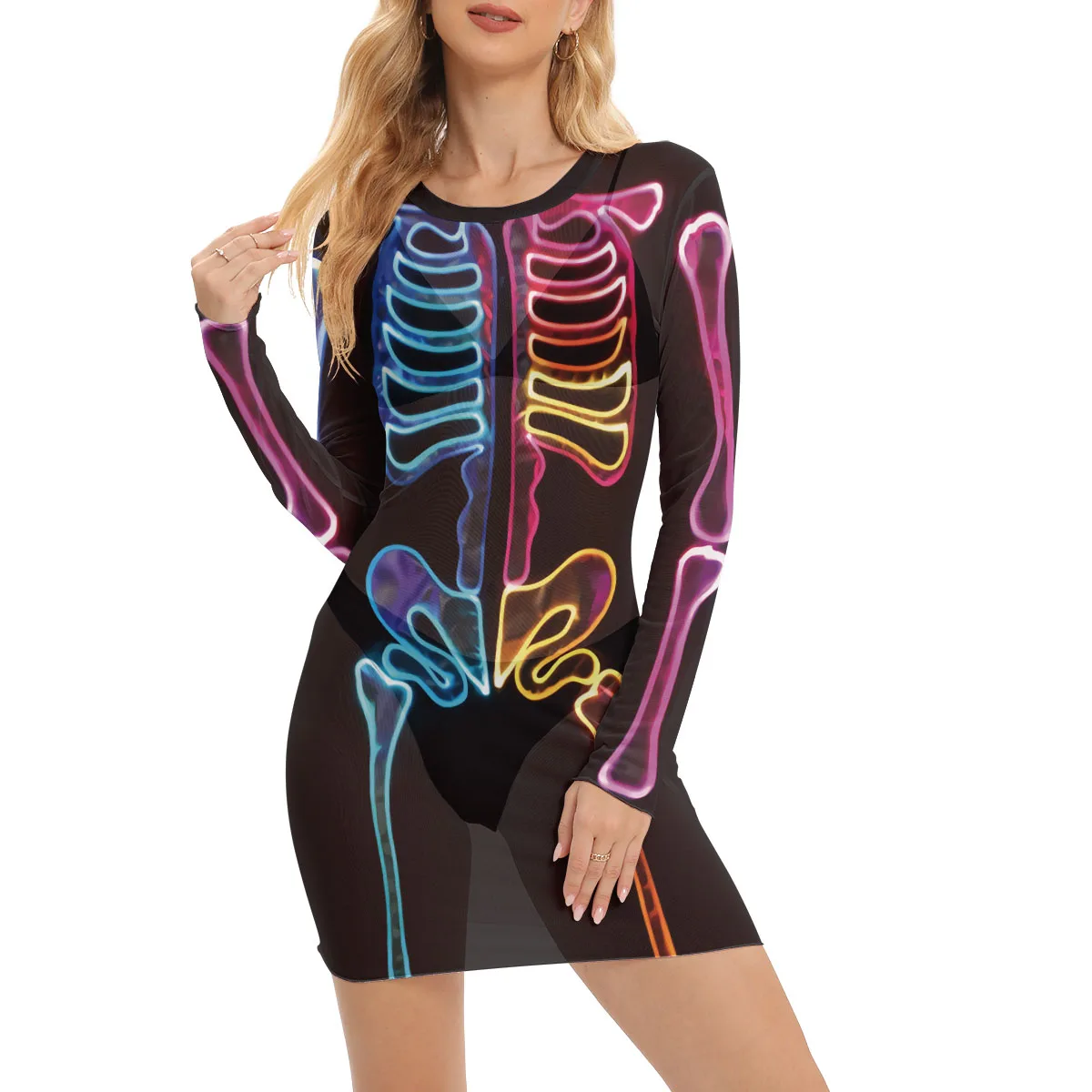 Nightclub Skeleton Dress Women Sexy Mini Mesh Dress Halloween Cosplay Robe Funny Carnival Breathable Outfit Music Festival Gown
