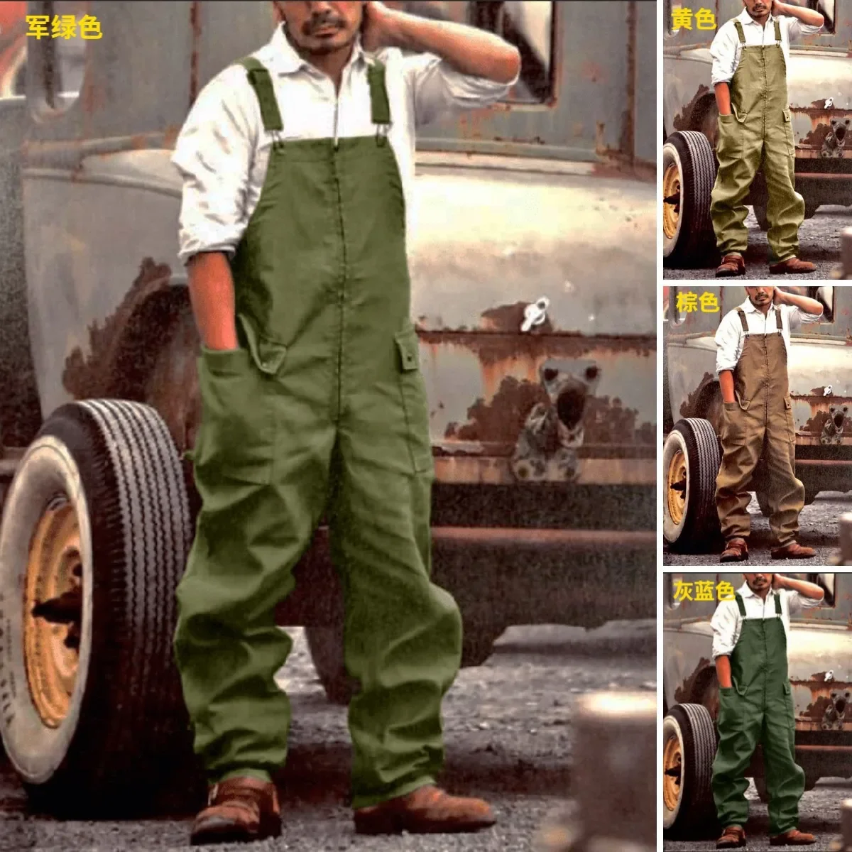 Vintage One Piece Cargo Pants Men Jumpsuit Outfits, Suspender Salopette Pocket fjS-3XL Home Farm Wear At Rompers Male