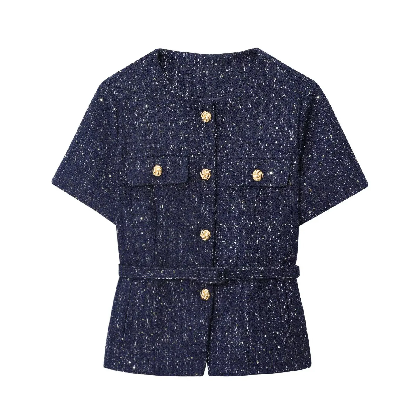 

BSK&TRAF2025 autumn new women's wear gold button decoration with belt straight round neck short sleeve fashion jacket