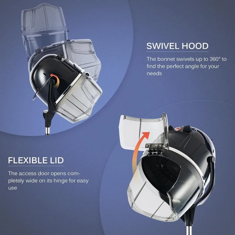 مجفف شعر احترافي بارتفاع قابل للتعديل وغطاء للرأس، مجفف شعر بونيه، قاعدة دوارة قائمة على الأرض مع عجلات