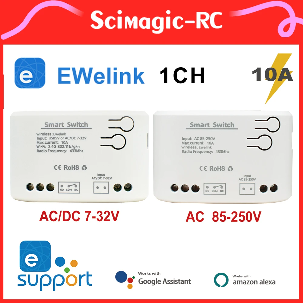 

EWelink Wifi Smart Switch 1CH WiFi Home Automation Relay 5v AC DC 7-32V AC 85-250V Smart Lamp Light Switch Alexa WiFi Module