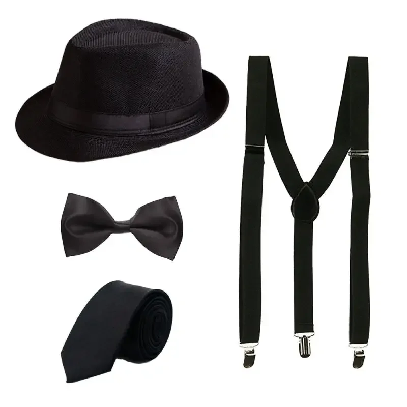 Men's 1920s Gatsby Costume Accessories Gentleman Black Jazz Hat Bow Tie Y-Back Suspender Set Halloween Gangster Cosplay Outfits