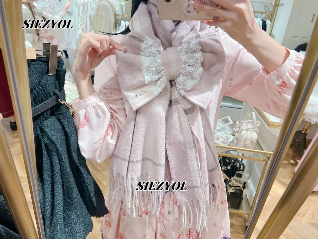 Winter New Warm Bow Scarf for Women Fringed Plaid Mass Production Sweet and Cute Girls Fashion Versatile Outdoor Scarves