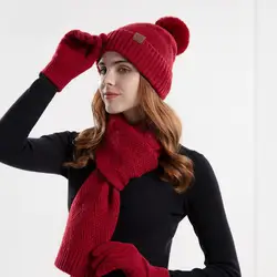 COKK-Conjunto de tres piezas para mujer, conjunto de guantes y gorro, bufanda de terciopelo de punto, accesorios para mantener el calor, protección auditiva con pompón de piel sintética