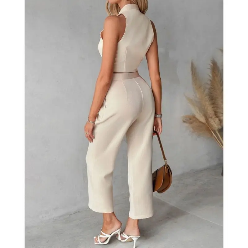 Summer New Solid Color Sleeveless Waistcoat Women Suit Fashion Slim Short Jacket Simple Elegant Female Office Pants 2-częściowy zestaw