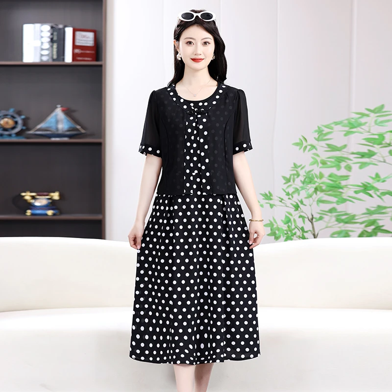 女性ヴィンテージドットプリントミディ Dress2025 ファッションエレガントな女性偽二枚スプライシングプルオーバーカジュアルローブ