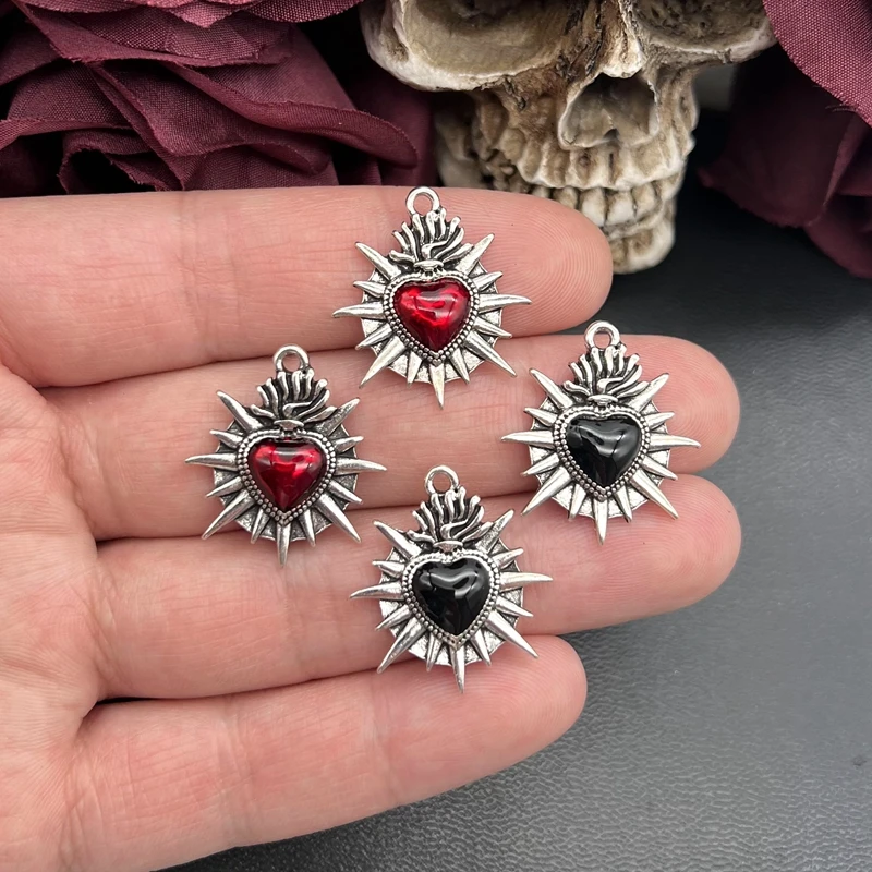 6pcs Flaming Sacred Heart Charms Enamel Thorns Sacred Heart  Pendant Designer Charms Fit Jewelry Making DIY Jewelry Findings