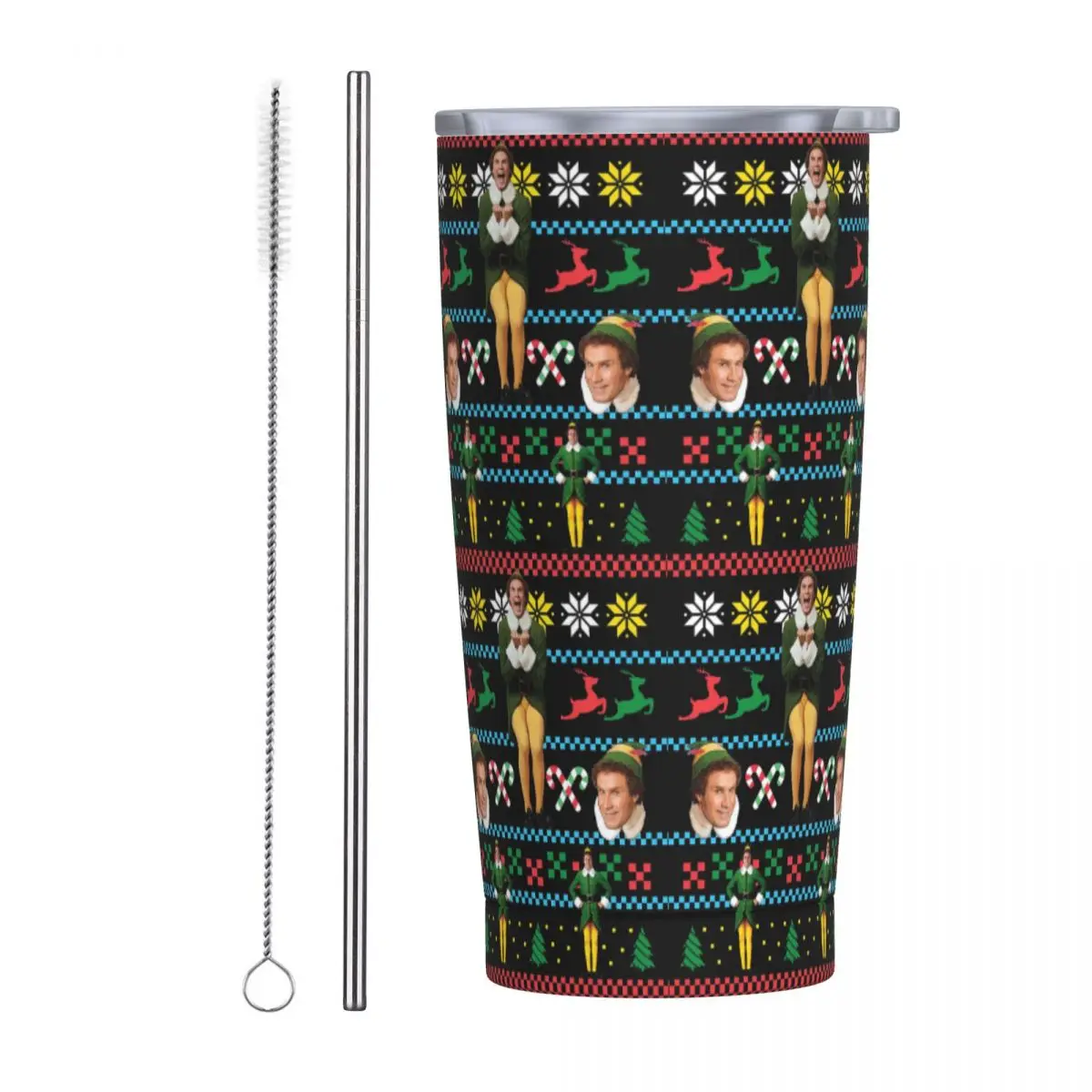 Buddy The Elf Ugly Christmas Sweater Xmas Movie Will Ferrell Stainless Steel Tumbler Vacuum Insulated Mug Thermal Cold CupStraws